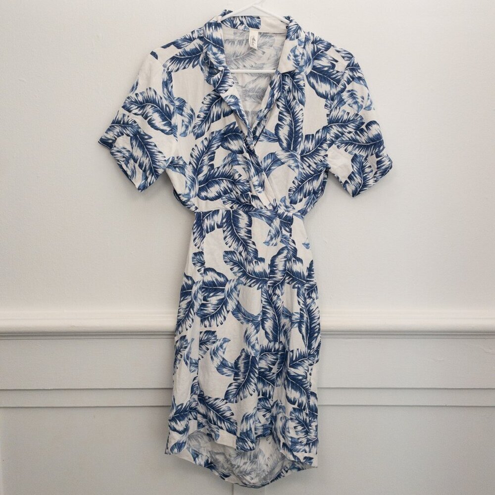Mahina Blue Leaf Linen Blend Cutout Midi Dress Collar Button Size M
